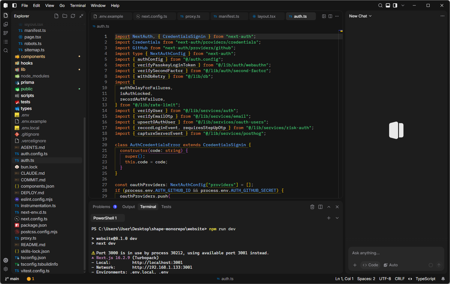 Shape IDE with explorer, editor, and AI chat